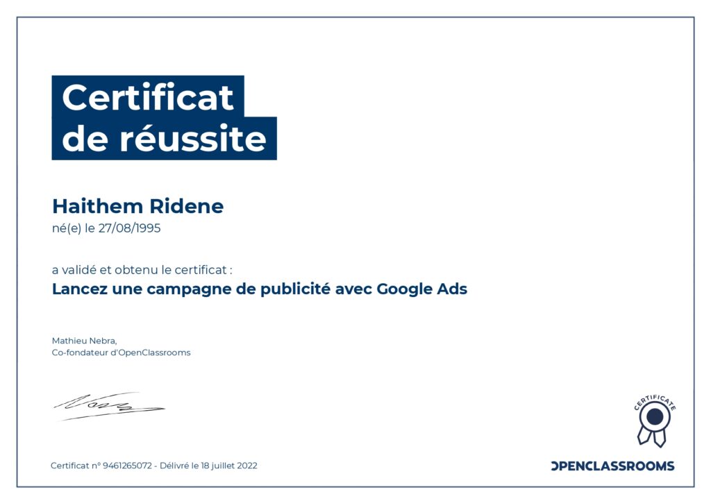 Certificat Google ADS
