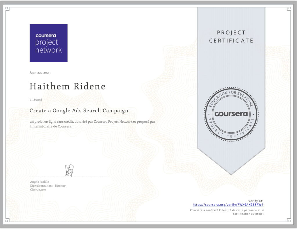 Certificate Coursera Create a Google Ads Search Campaigne